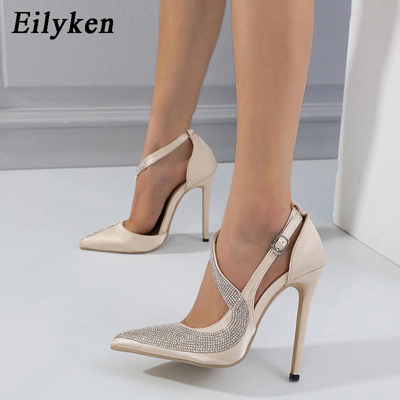 Eilyken Zapatos de tacón alto con hebilla en el tobillo para mujer, calzado Sexy con diamantes de imitación estilo INS, punta estrecha, vestido de fiesta de graduación, zapatos de verano