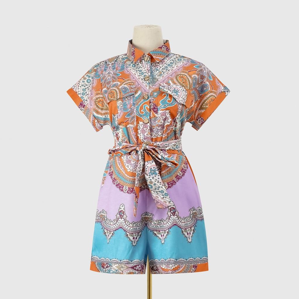Summer Ethnic Print Short Sleeve Shorts Romper Women's Casual Outfit European American Style Crossborder Women Apparel