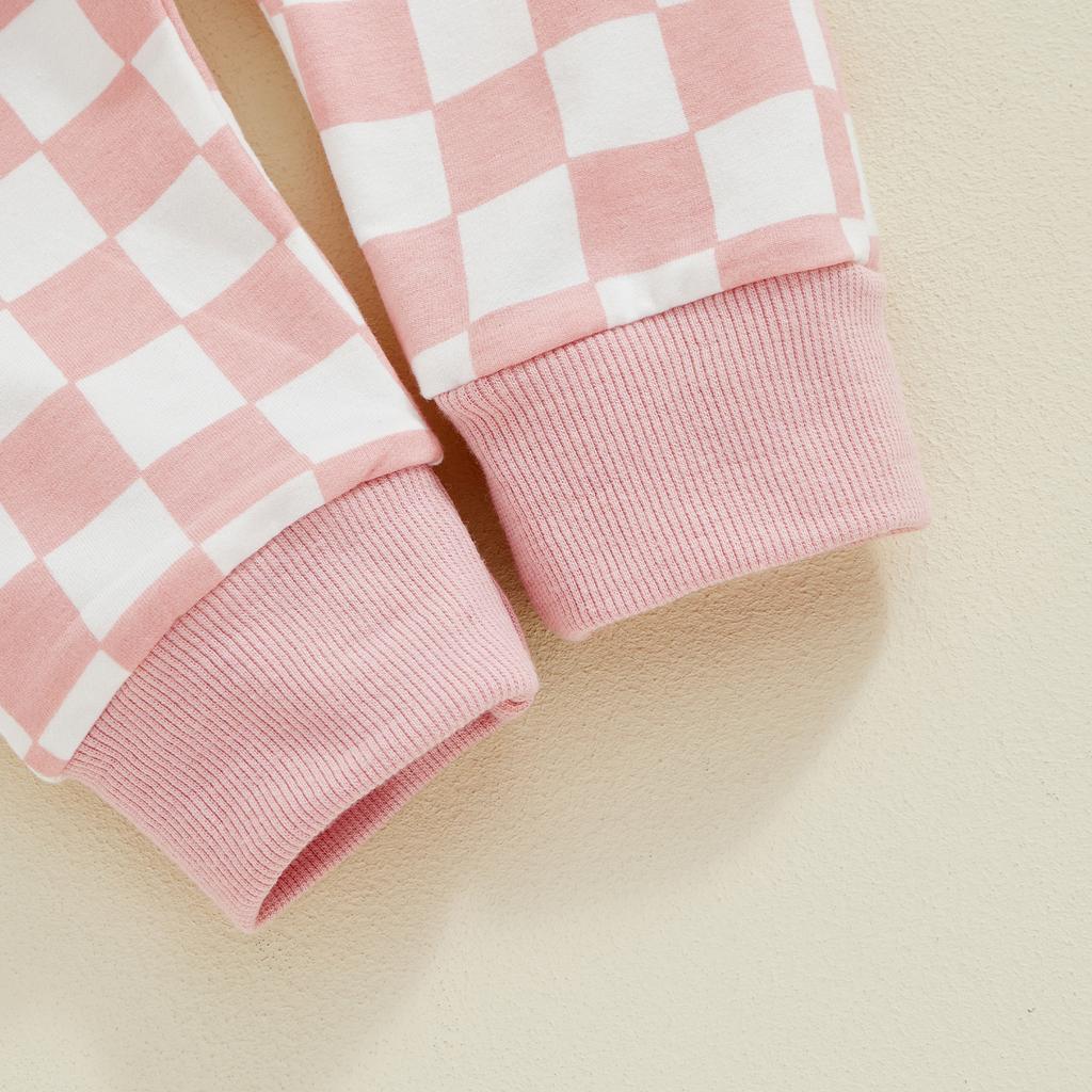 Little Girls 2PCS Fall Sets Long Sleeve O Neck Checkerboard Print Tops Drawstring Pants