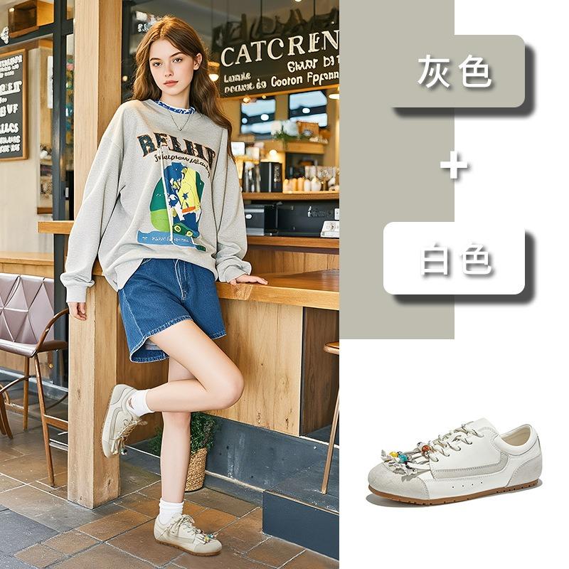 Leather beaded women's autumn new flat-soled women's shoes sports fringed casual white shoes