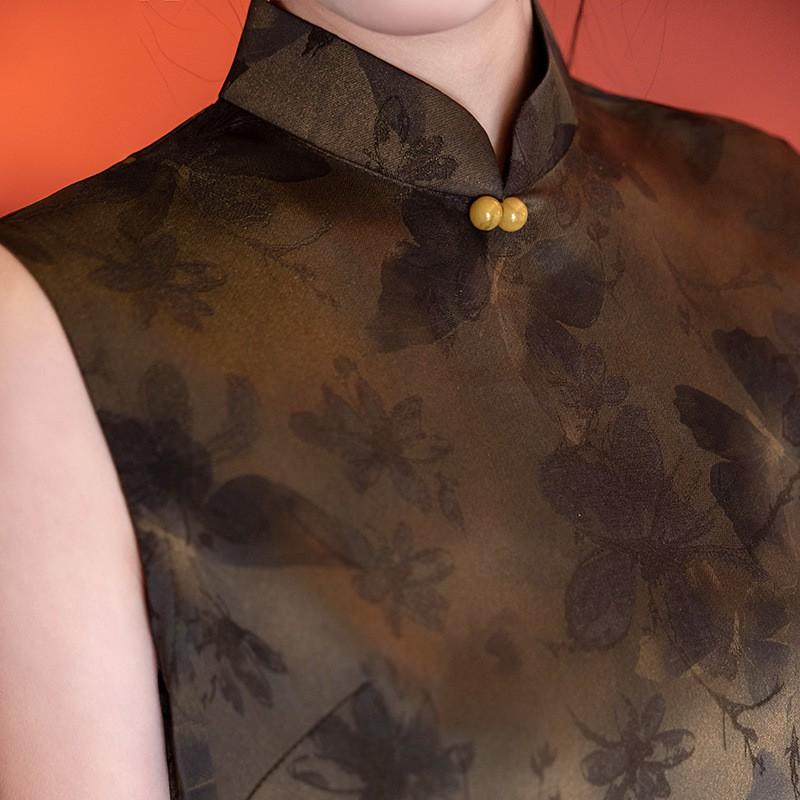 Sleeveless Chinese-Inspired Long Cheongsam Dress Women 2026 Vintage Fit-and-Flare Style With Stand Collar Round