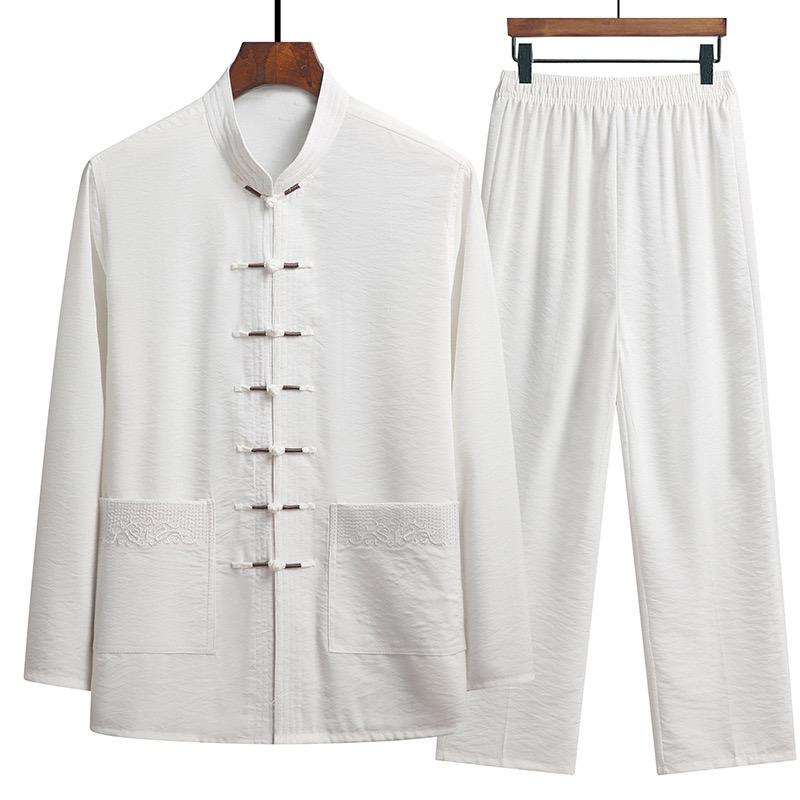 Set di Abbigliamento Tradizionale Cinese da Uomo Primavera e Autunno Uomo Autunno Lino Fibbia Camicia Kung Fu Top Retrò Orientale Pantaloni Uniformi Traspiranti Tai Chi