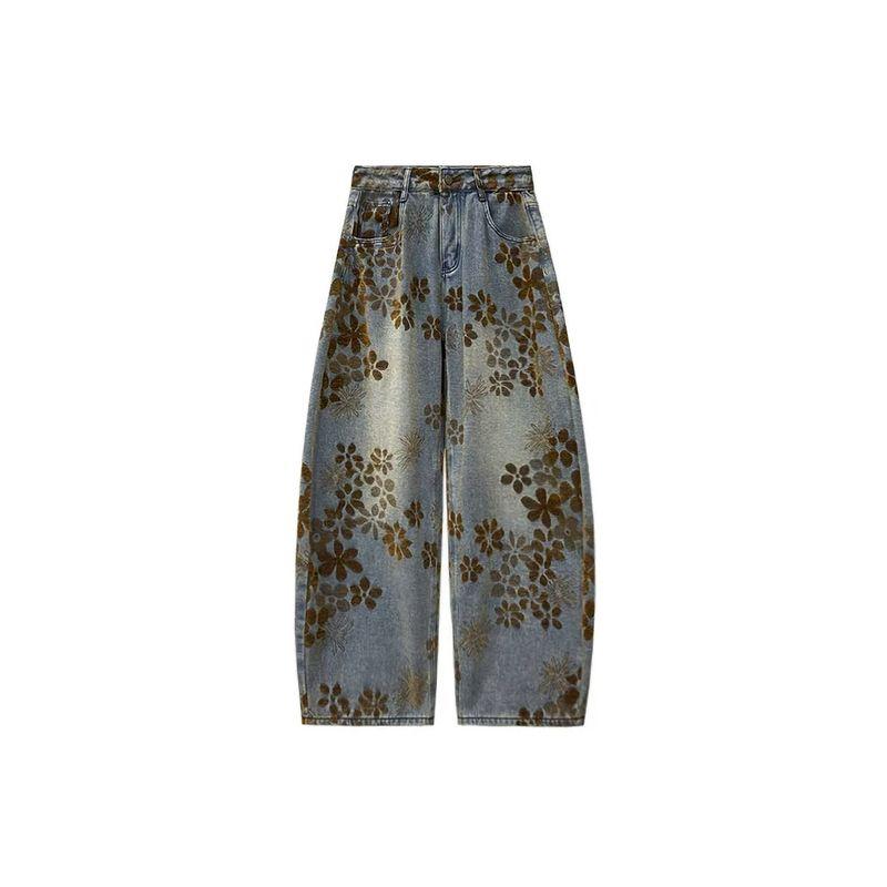 Jeans Larghi Jacquard Retro Americano da Donna, Stagione Primaverile, Design Taglie Forti, Vita Alta, Vestibilità Larga, Snellente, Pantaloni Curvi