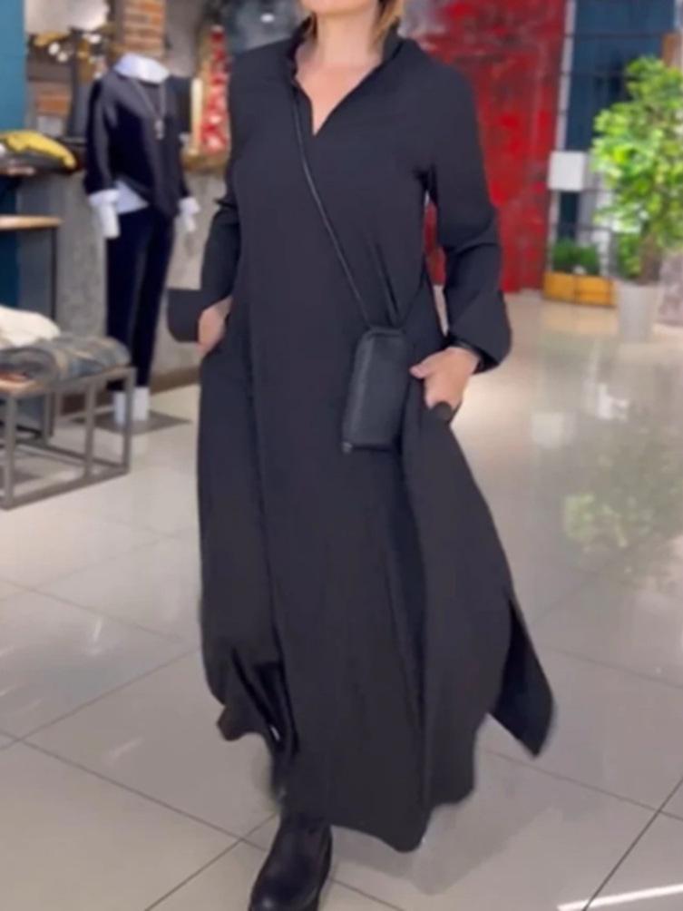 2024 European & American Autumn/Winter Casual V-Neck Long-Sleeve Solid Dress for Women