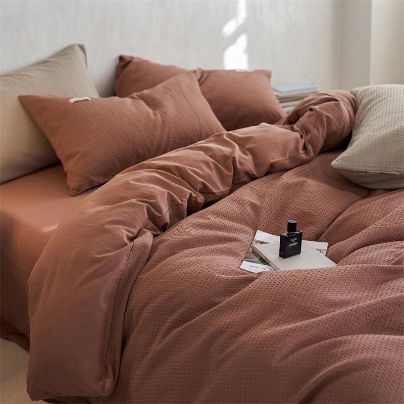 Class A, Maternal And Infant Grade Cotton Double-Layer Yarn 4Pcs Set, Pure Cotton Dormitory 3Pcs Set, Solid Color Bed Sheet Waffle Single Quilt Cover