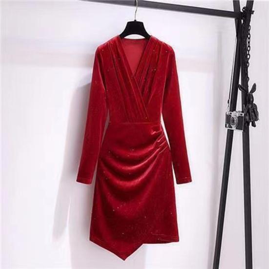 Women Short Dress V Neck Long Sleeves Pleated Pure Color Slim Fit Sheath Irregular Hem OL Commuting Party Prom Mini Dress Evening Events