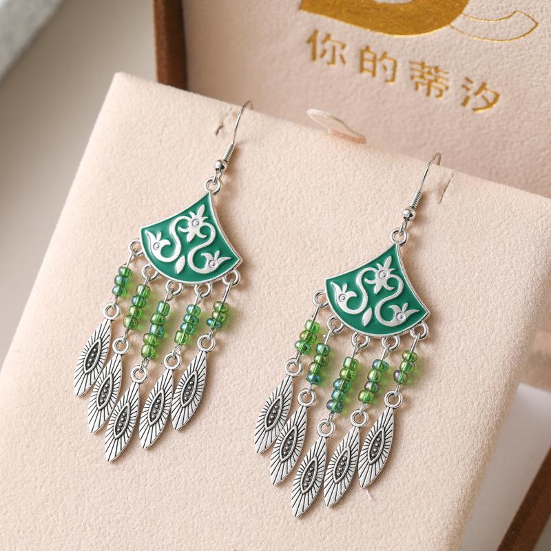Classical Ethnic Drop Glaze Geometric Earrings for Women Vintage Texture Beaded Dangle Earring Daily Vacation Jewelry