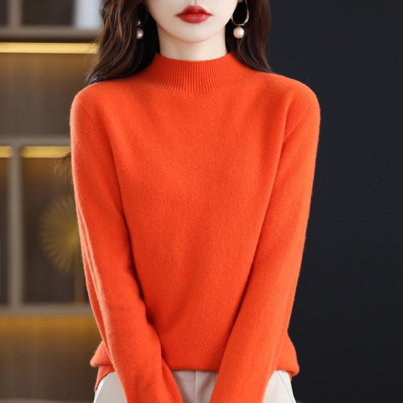 Women's Cashmere Knit Sweater - 2023 Autumn/Winter, Half-High Neck, Slimming Fit, Solid Color Pullover
