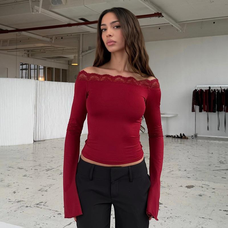 

Autumn new one-word shoulder lace slightly pulled long-sleeved top sexy solid color lace T-shirt L бордовий