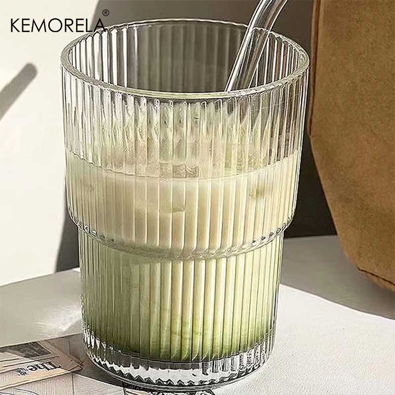 1/2PCS 380ml Stripe Glass Cup Transparent Glasses With Lid and Straw Ice Coffee Mug Tea Cup Juice Glass Milk Water Cup Drinkware