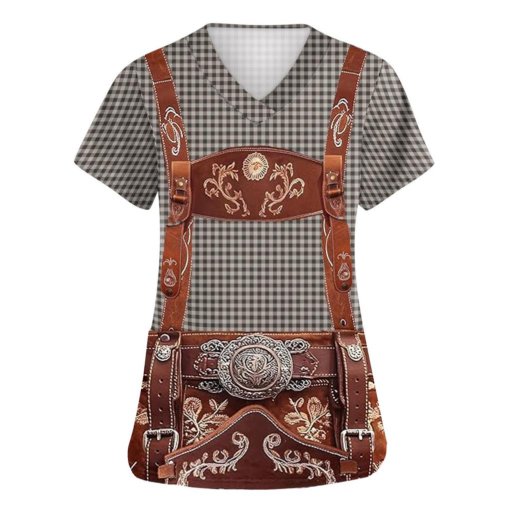 Womens V Neck Short Sleeve Work Shirt with Pockets Oktoberfest Print Top for Caregivers Nursing Uniforms Plaid Pattern Design