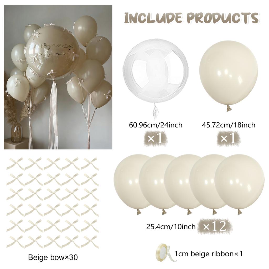 Sand white bow balloon set with beige ribbon bow decoration for birthdays, weddings, showers, holidays, parties, balloons