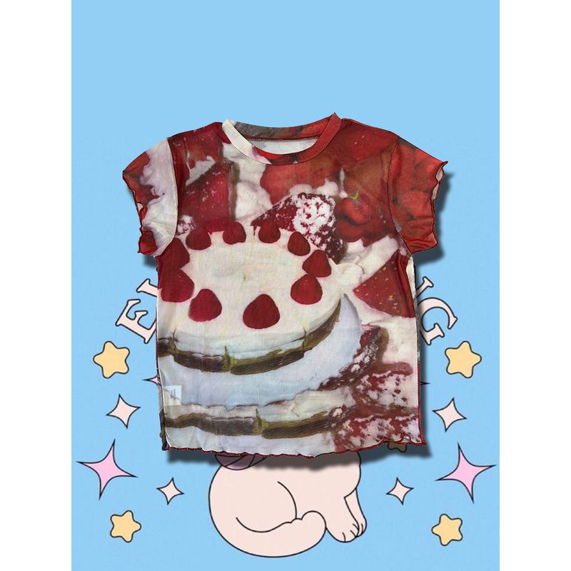 

Fashion Sexy Ins American Sweetheart Pure Desire Style Mesh Y2g Sexy Silm Lace Perspective Strawberry Print T-shirt Strawberry sweetheart S