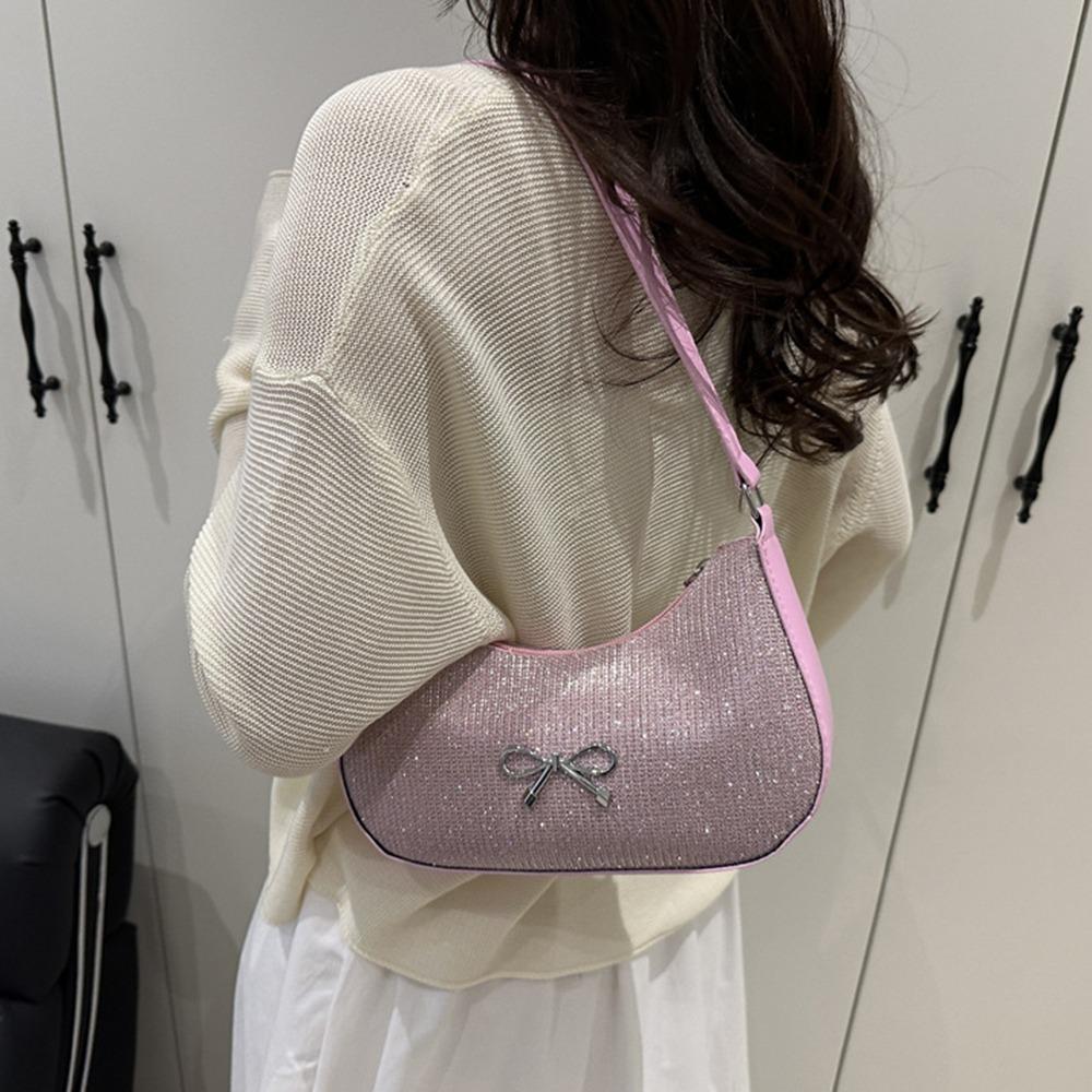 Solid Color Bowknot Shoulder Bag Shiny Women Handbag Simple Underarm Tote Bag  Lady