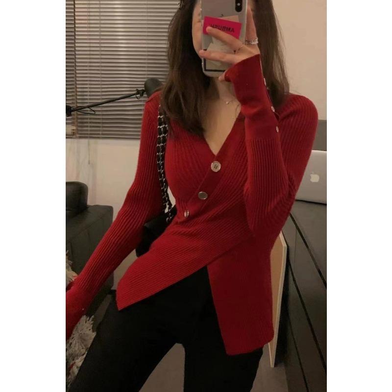 Fashion Cross V Neck Irregular Design Women Sweater Autumn and Winter Casual Bottom Shirt Inside Slim Fit Thin Simple Casual Office Clothing