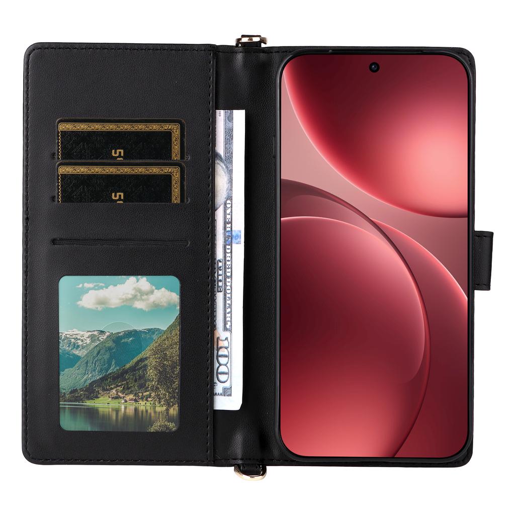 For Oppo Find X9 Pro 5G Leather Case Stand Wallet Phone Cover with Shoulder/Wrist Strap