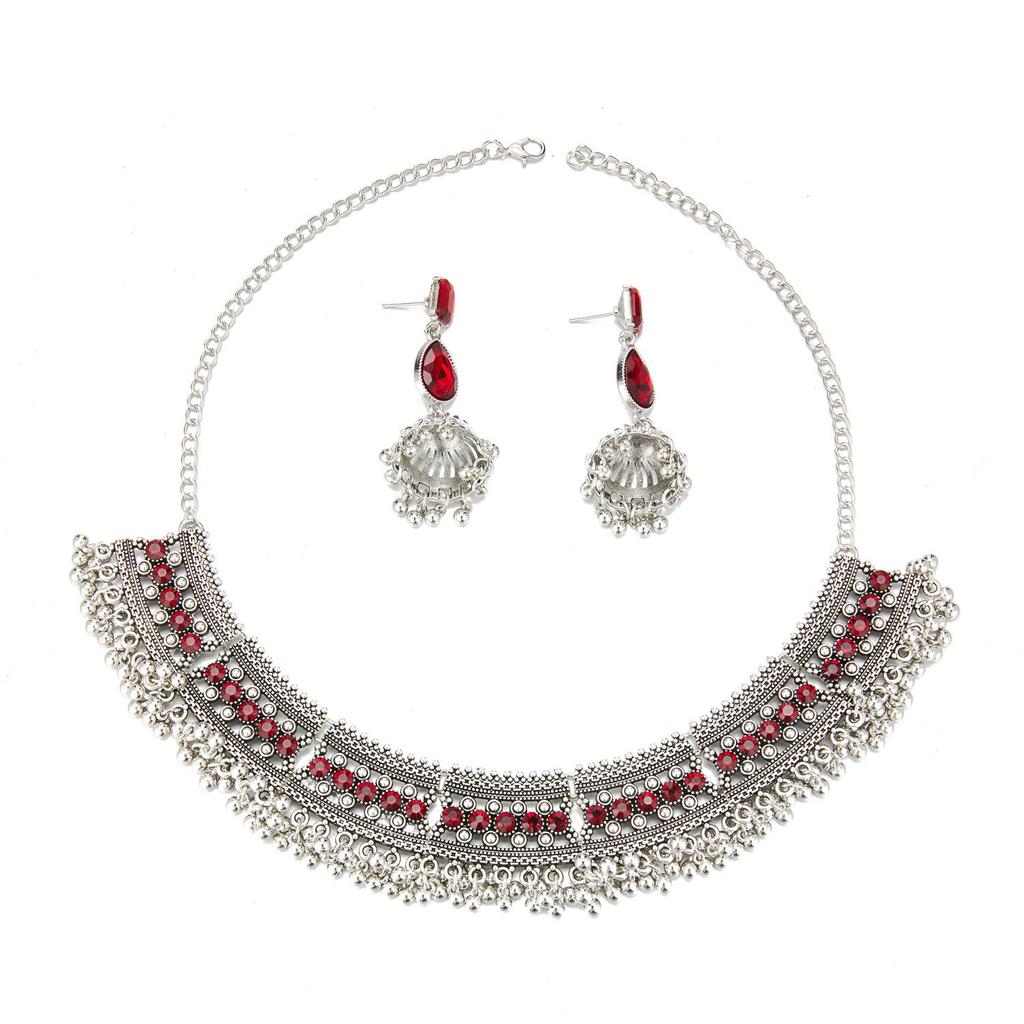 European & American Retro Rhinestone Beaded Tassel Earrings & Necklace Set