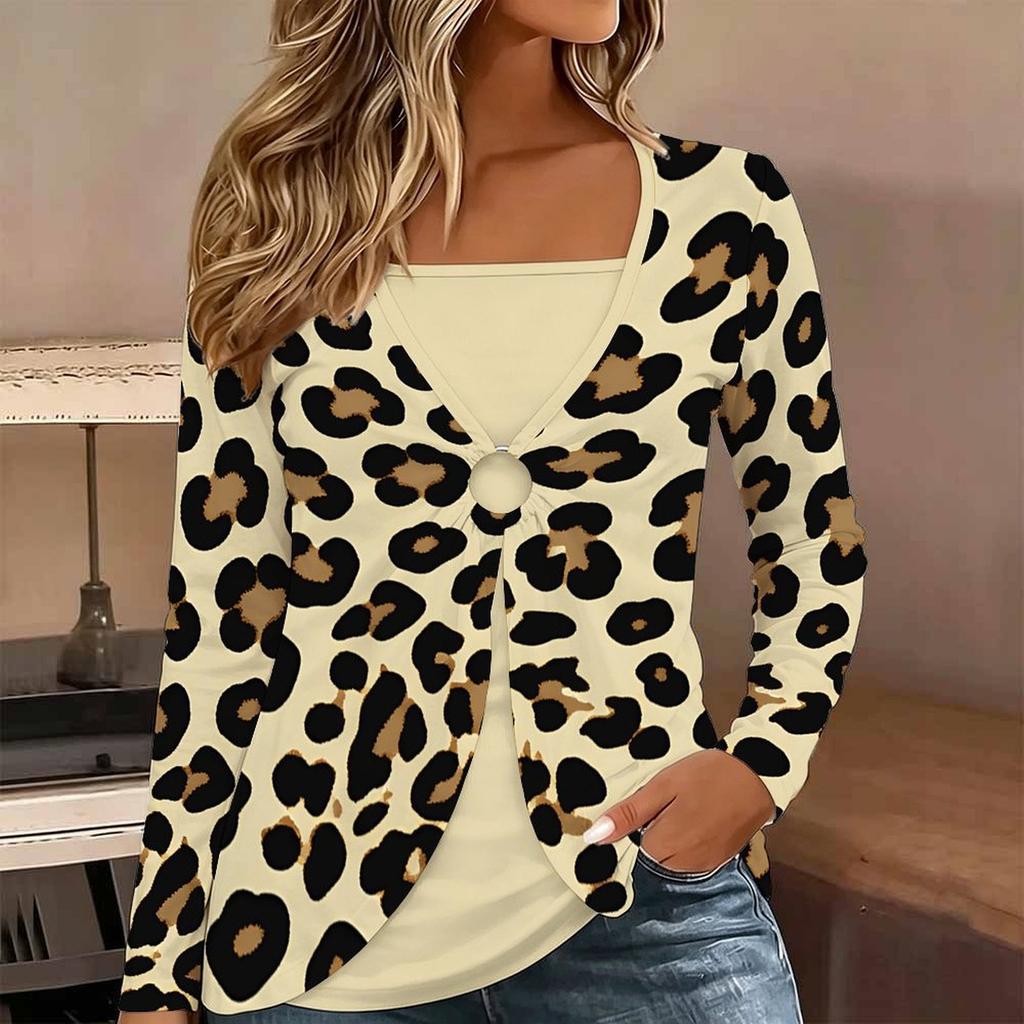 Tops for Women Leopard Print Long Sleeve Fake Two‑Piece Top Fall Casual Slim Pullover Women's Long Sleeve Top
