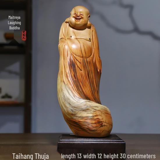Intaglio Radice di Legno di Cipresso di Scogliera: Ornamento Daruma Maitreya Buddha in Legno Massello in Zafferano Dorato e Legno di Rosa Nanmu.
