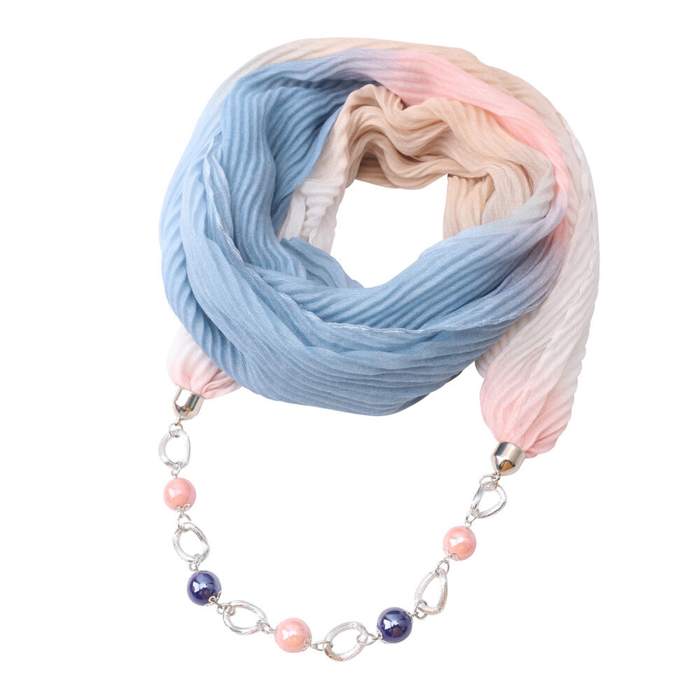 Stylish Cotton Linen Infinity Scarf with Beaded Chain Necklace – Women’s Gradient Color Scarf for Boho & Casual Fashion