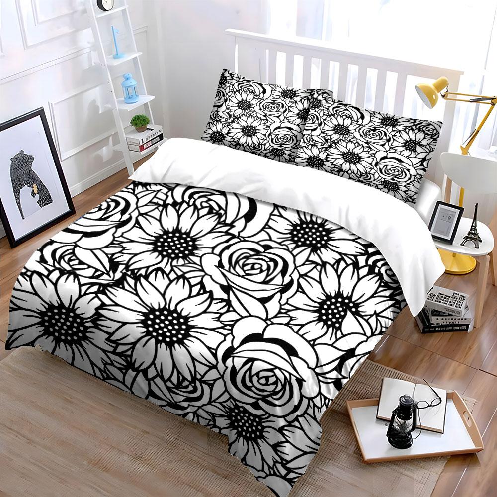 Black and White Floral Pattern Print Bedding Set 1 Duvet Cover 2 Pillowcases for Adult and Children Luxury Gift Full Size