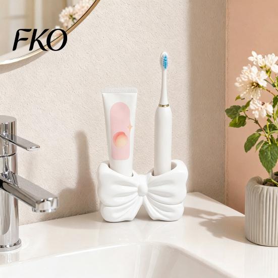 Sweet Style Bathroom Decor 3D Printed Bow Toothbrush Holder, Adhesive Cup with Dual Holes for Counter Organizer & Toothpaste, Cute Decor,
