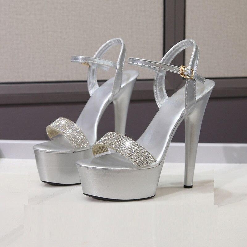 

Женская обувь, модные однотонные сандалии на шпильке со стразами для ночного клуба, серия 8661, каблук 15 см, платформа 5 см, LFD 43 серебряный