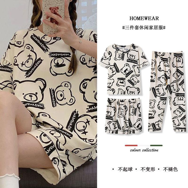 Summer new pajamas female cute cartoon short sleeves short trousers women's casual loungewear three-piece set