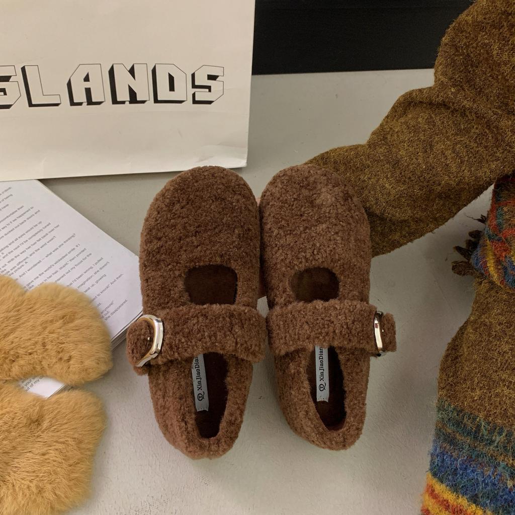 Flat Bottom Gentle and Comfortable Fluffy Shoes Women Wear 2025 Autumn and Winter New Fairy Wind Velvet Word Mary Jane Cotton Shoes