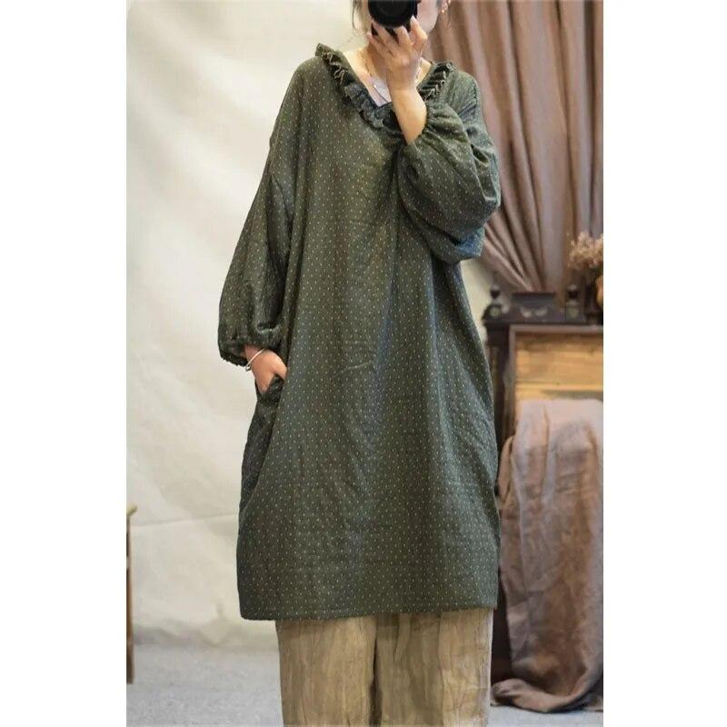 Johnature Stickerei Waschen Baumwolle Vintage Kleid Herbst Frau Lange Ärmeln Lose Beiläufige Kleid