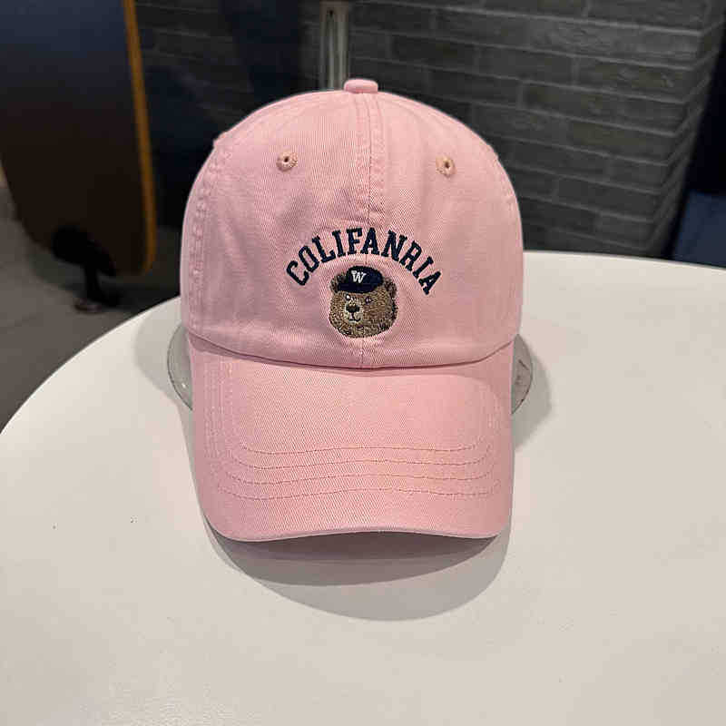 Women's Baseball Cap for Spring and Summer, Korean Style, Casual, with Bear Head and Letter Embroidery, Pure Cotton, Curved Brim, Denim Blue