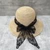 Sweet Lace Bow Streamer Straw Hat Women Spring Summer Thin Raffia Straw Bucket Hat Travel Vacation Visor
