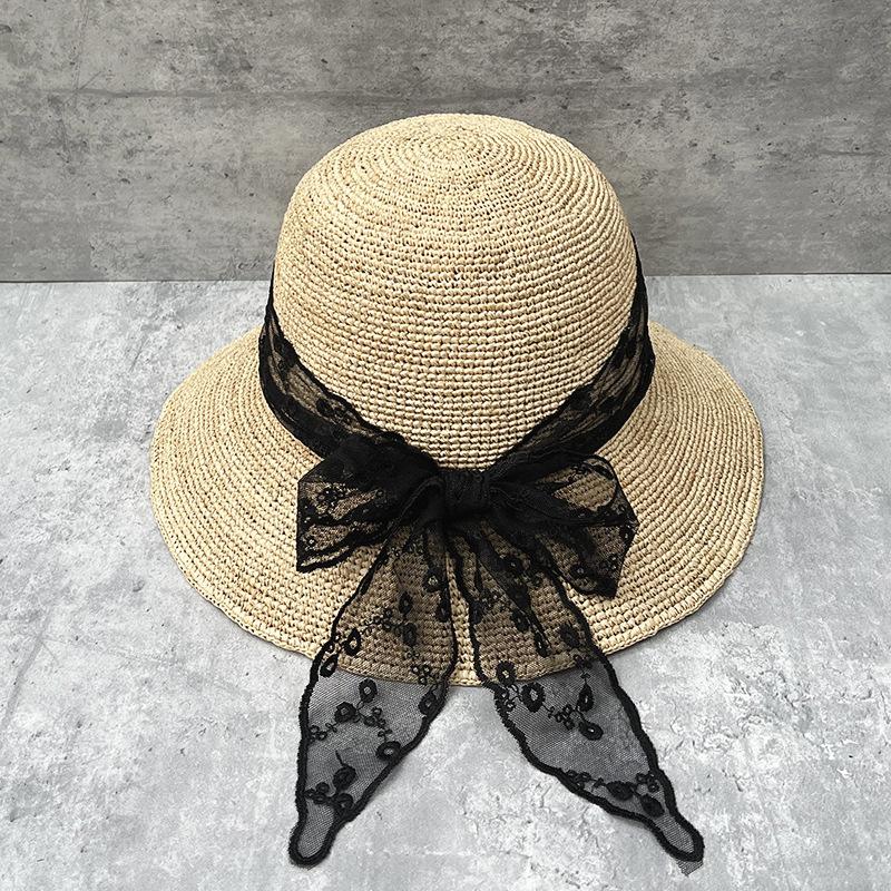 Sweet Lace Bow Streamer Straw Hat Women Spring Summer Thin Raffia Straw Bucket Hat Travel Vacation Visor