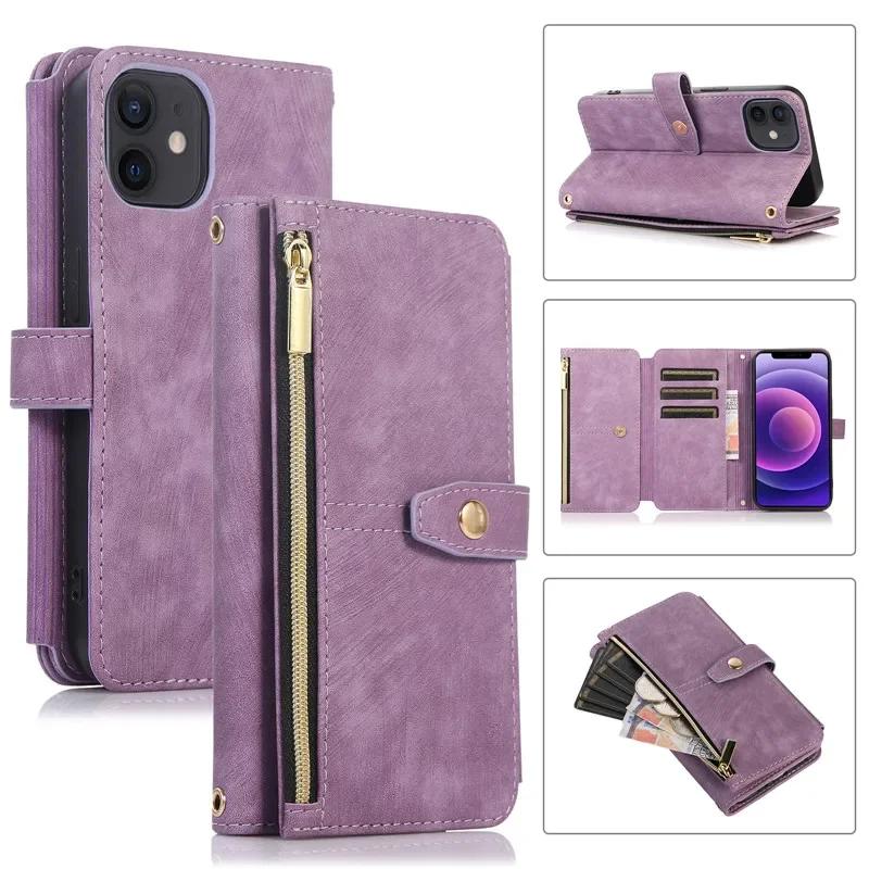 Long Lanyard Flip Leather Phone Case for iPhone 17 Air 16E 16 Pro Max 15 Plus 14 13 12 11 XS XR X Zipper Wallet Multi Card Cover