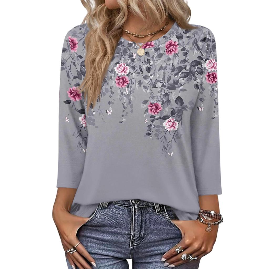 343/4 Sleeve Shirts For Women Cute Print Graphic Tees Blouses Casual Plus Size Basic Tops Pullover