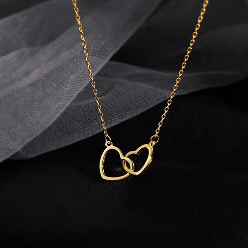 Titanium Steel 18K Love Double Ring Necklace - Female Heart-to-Heart Clavicle Chain Pendant