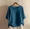 Dames O-hals Blouse met Driekwartmouwen Losse Pasvorm Casual Katoen Linnen Top Effen Kleur Knopen Henley Top