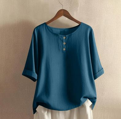 Dames O-hals Blouse met Driekwartmouwen Losse Pasvorm Casual Katoen Linnen Top Effen Kleur Knopen Henley Top