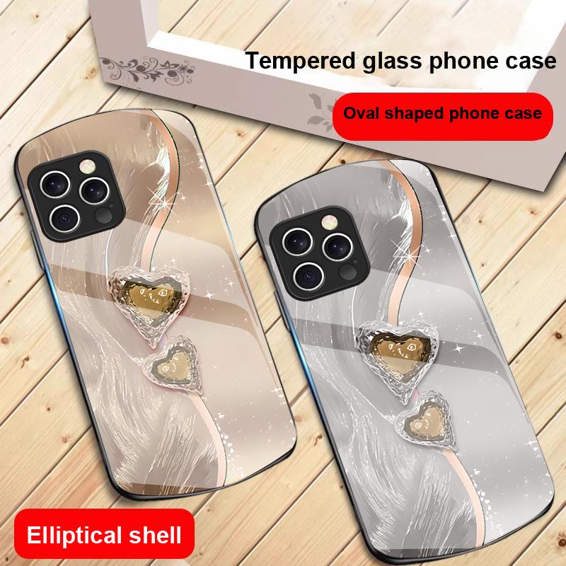 Amber Double Love For IPhone 16 Pro Max 15 Pro 14 13 12 Mini 11 XS Max XR 7 8 Plu SE 2022 Elliptical Glass Phone Case