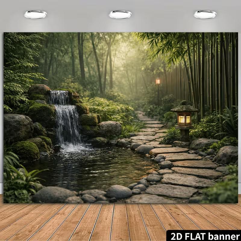 2D Japanese Bamboo Garden Backdrop, Zen Waterfall Banner