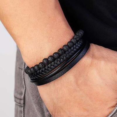 Mode Vulkanisk Sten Pärlarmband Flerlagers Flätat Läderarmband För Män Rostfritt Stål Magnetiskt Armband Zirkon Gåva