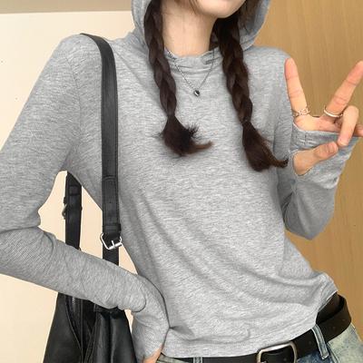Camiseta de Manga Comprida com Capuz de Cor Sólida para Mulheres No Início do Outono Novo Design Emagrecedora Camisa de Base Top Casual
