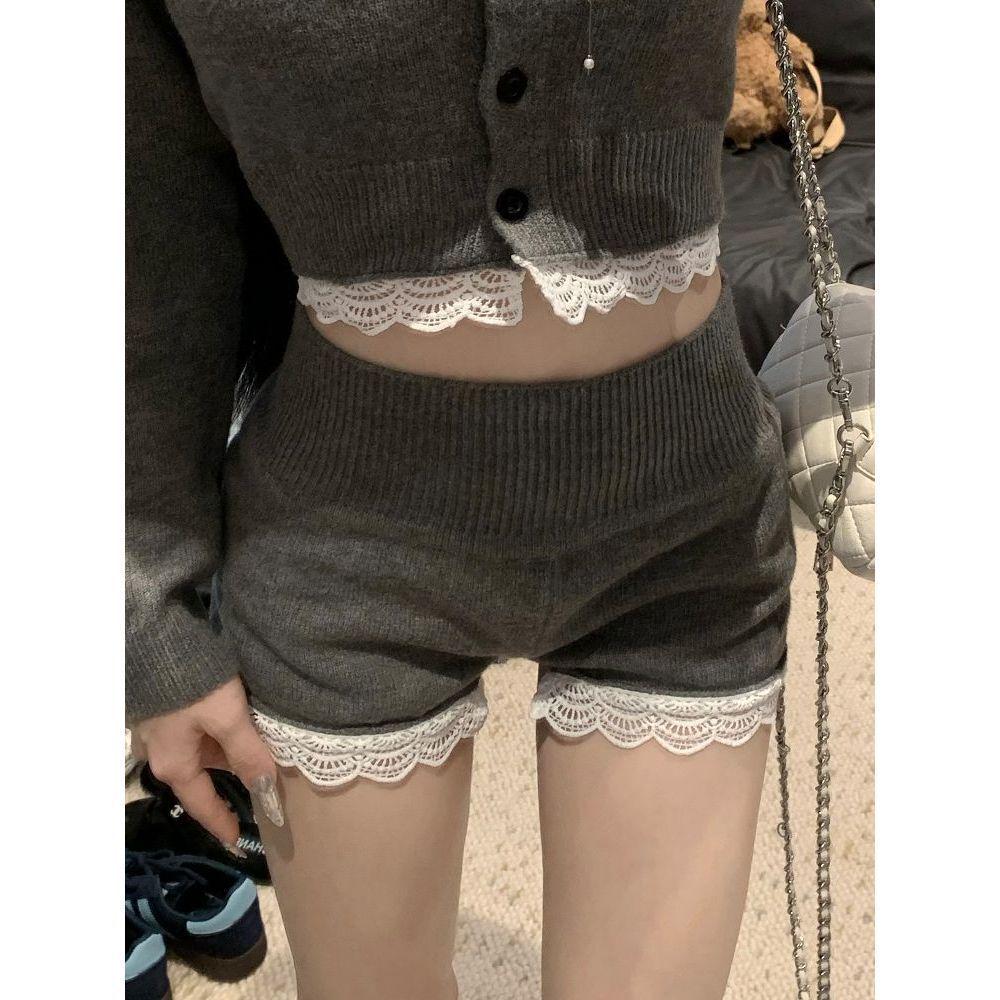 

2024 Early Autumn Retro Lace Trim High Waist Knit Shorts - Slimming Gray Women s Fashion S [Under 47kg]