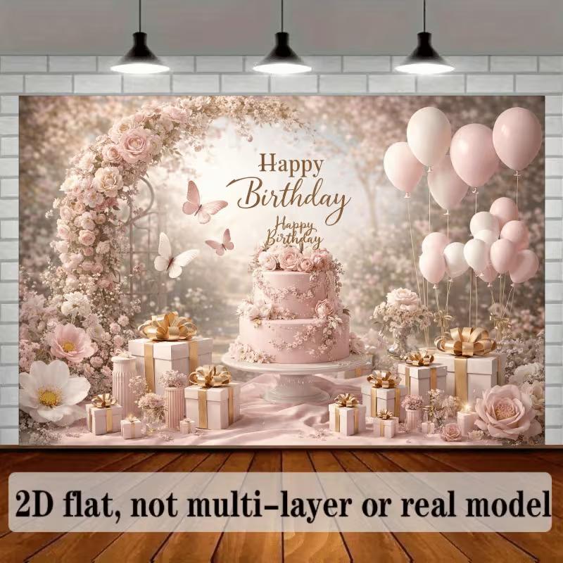 2D Elegant Pink Gold Happy Birthday Backdrop Banner Party Decoration for Girls