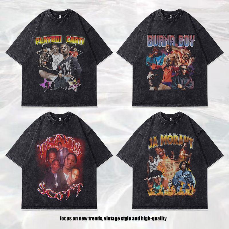 Hip Hop Trend Portrait Printing T-Shirt American Retro Trendy Brand Washed Old Casual Short-Sleeved T-Shirt Men