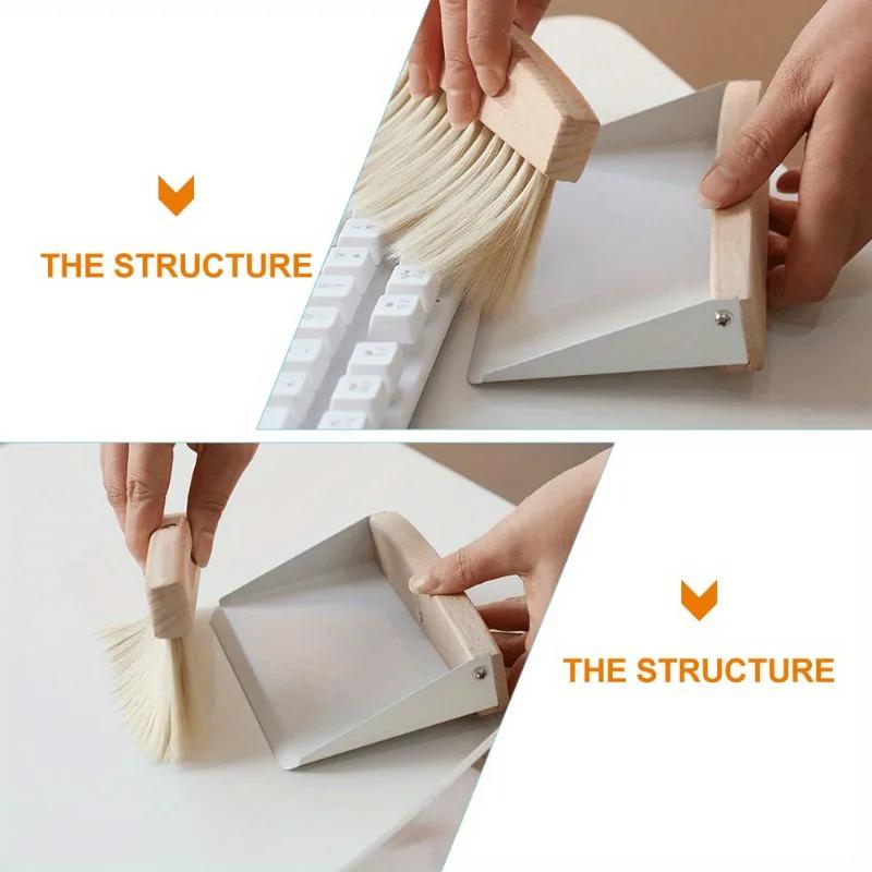 2 Pcs/set Window Cleaner Mini Dustpan Brush Set Wood Small Metal Pan Natural Table Handy Brush Sweeping Home Kitchen Car Office