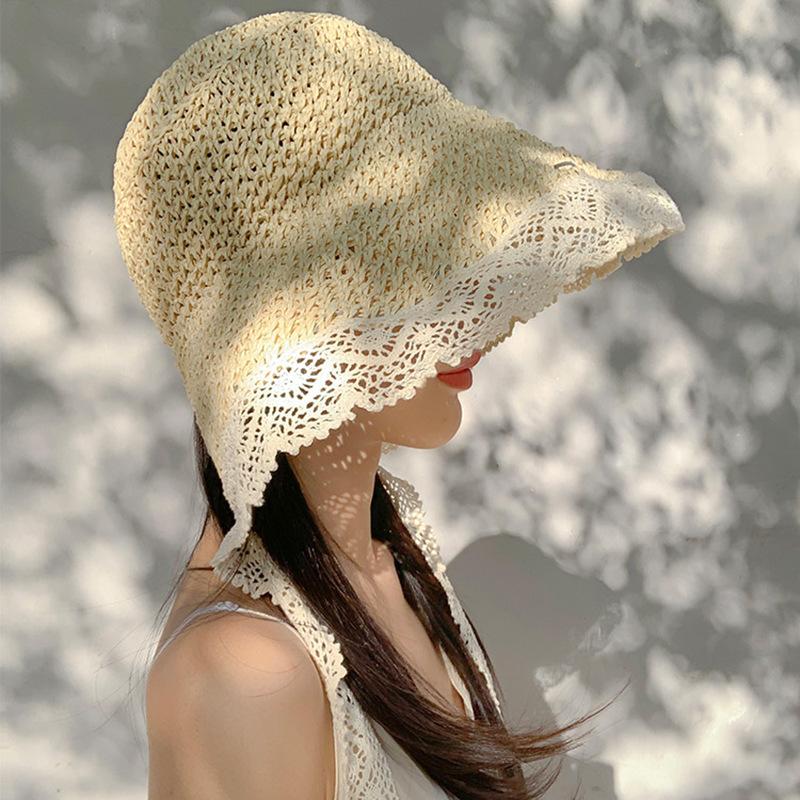 Women's Summer Crochet Straw Hat Wide Brim Ribbon Lace Edge Sun Hat Outdoor Seaside Foldable Sunshade Hat