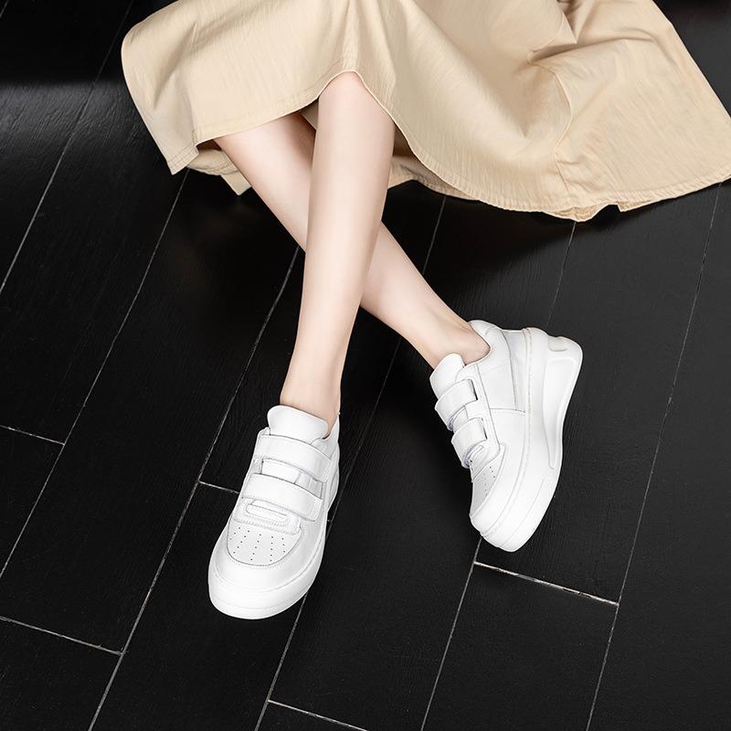 Cowhide Version~ New 6.5CM Smiley Face Velcro Casual Shoes Thick Sole Height Increase Versatile White Shoes Women
