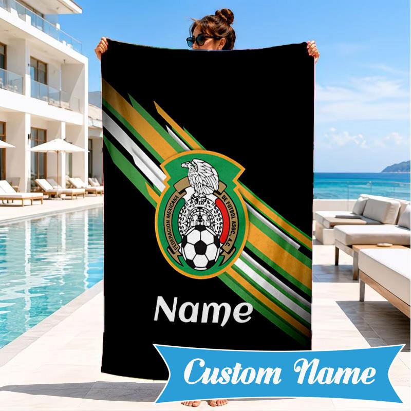 Custom Name Beach Towel Mexico Soccer Emblem Microfiber Beach Towel, Lightweight for Summer Travel, Swimming Pool Fan Birthday Gift