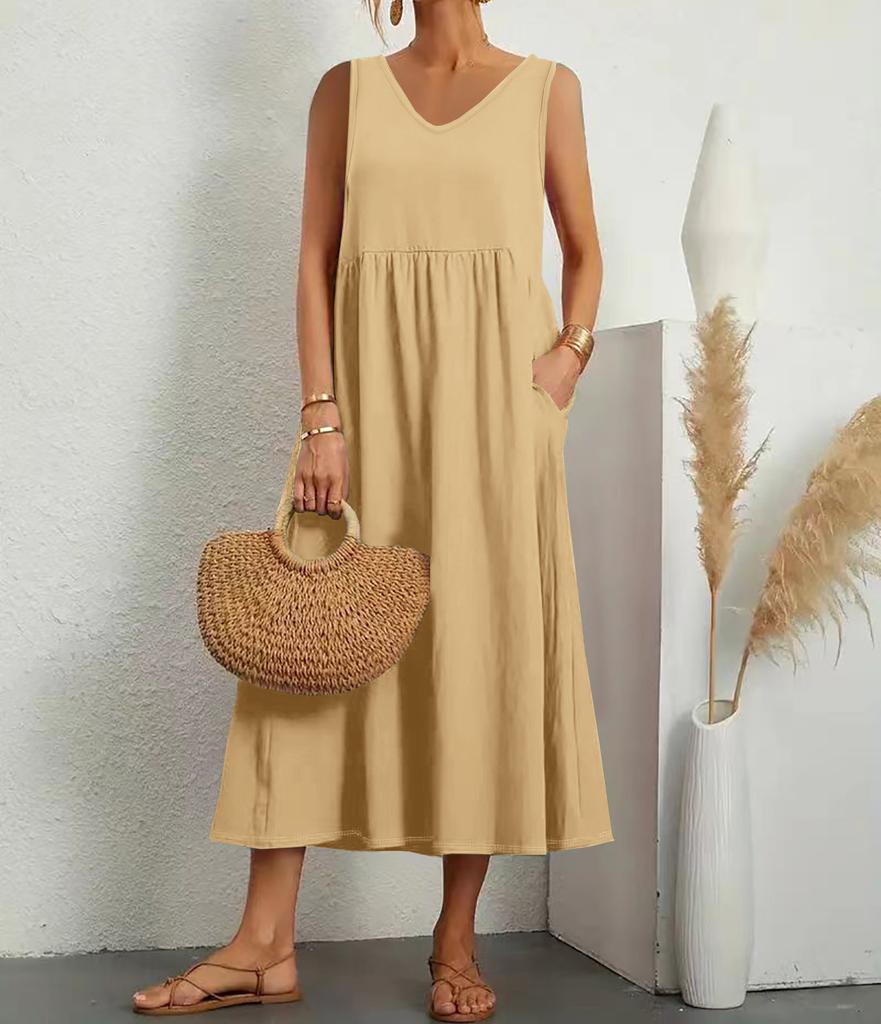 Fashionable Summer Temperament Women's Solid Color Cotton Linen Loose V-neck Dress